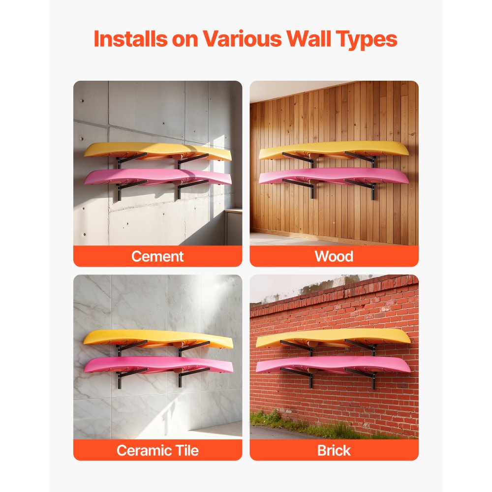 VEVOR Kayak Storage Rack for 2 Kayaks, Holds 90.7 kg, Heavy Duty Adjustable Wall Mount Stand for Indoor Outdoor Garage Shed Dock, Storage Holder for Canoe, Small Boat, SUP, Surfboard & Paddleboard