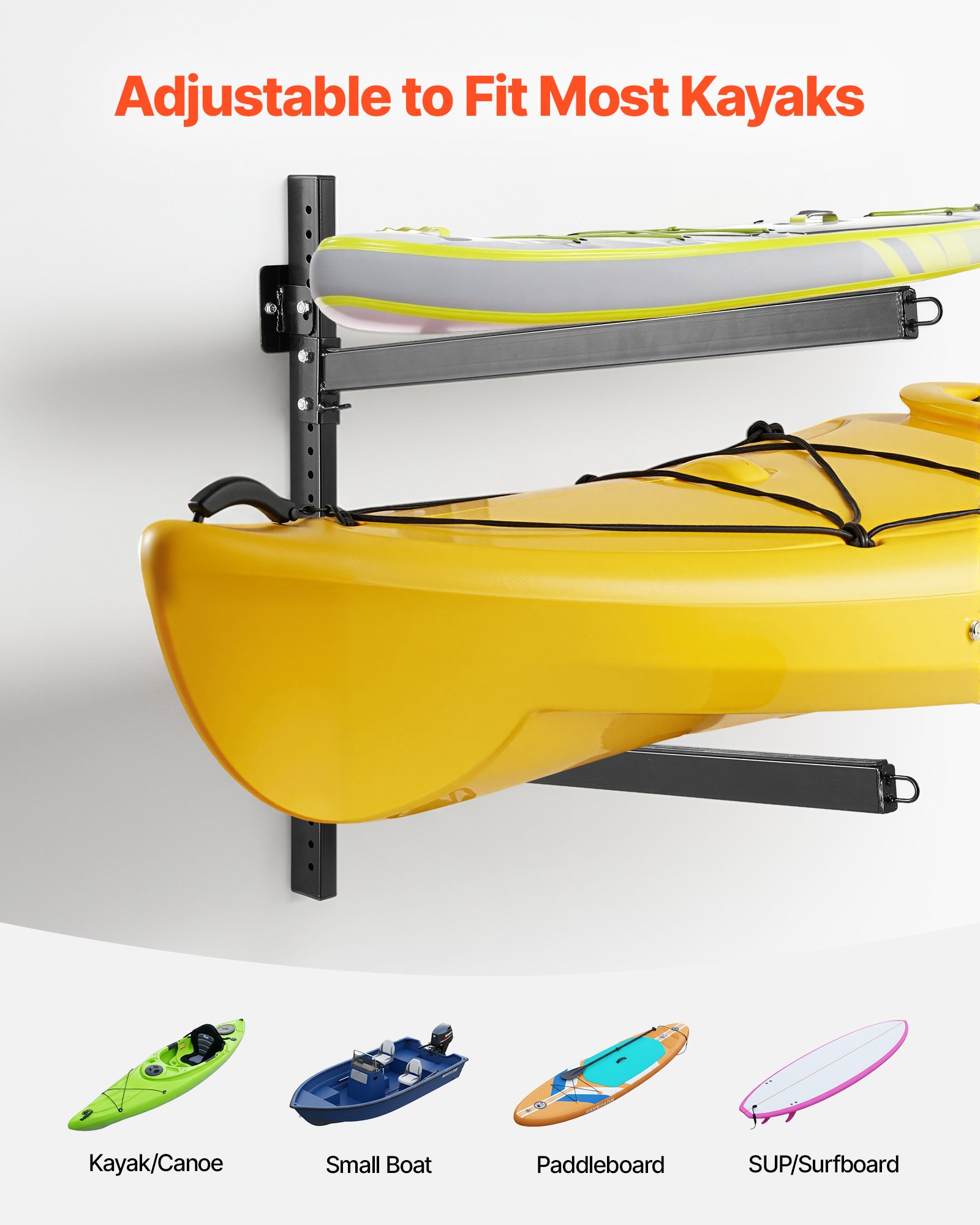 VEVOR Kayak Storage Rack for 2 Kayaks, Holds 90.7 kg, Heavy Duty Adjustable Wall Mount Stand for Indoor Outdoor Garage Shed Dock, Storage Holder for Canoe, Small Boat, SUP, Surfboard & Paddleboard