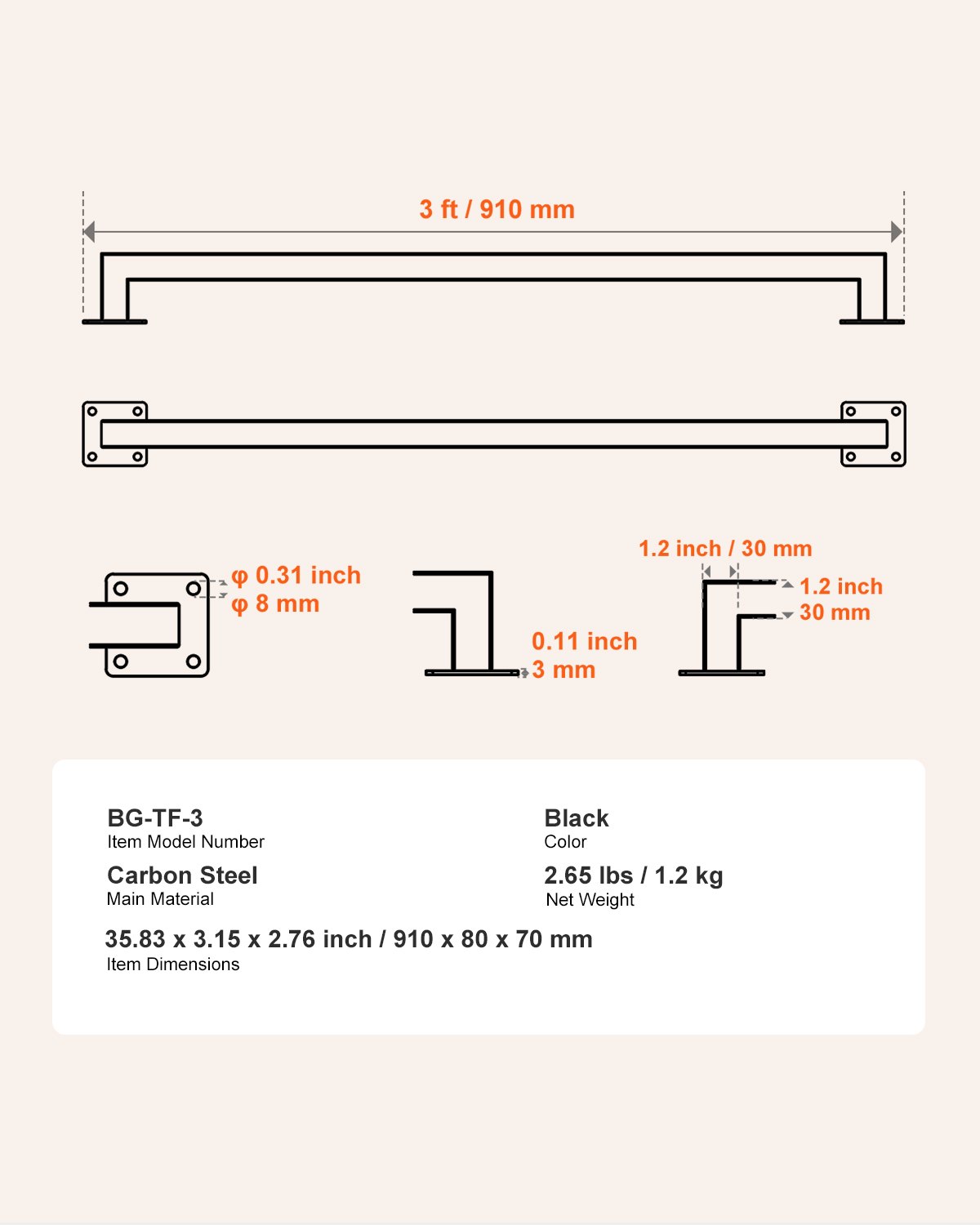 VEVOR Corrimano per Scale a Parete, per Scale Interne in Ferro, 2 Sezioni, Corrimano per Ringhiera Industriale per Gradini, Tubo Quadrato per Soppalco, Colore Nero 910 mm Capacità 113 kg