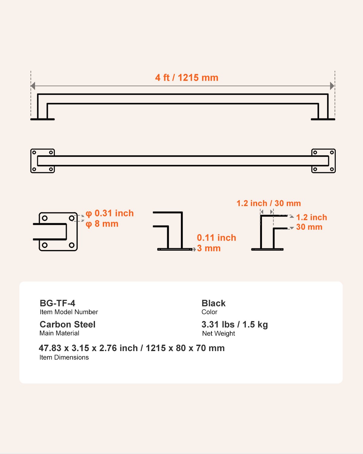 VEVOR Corrimano per Scale a Parete, per Scale Interne in Ferro Nero 1215 mm Capacità 113 kg, 2 Sezioni, Corrimano per Ringhiera Industriale per Gradini, Tubo Quadrato per Soppalco