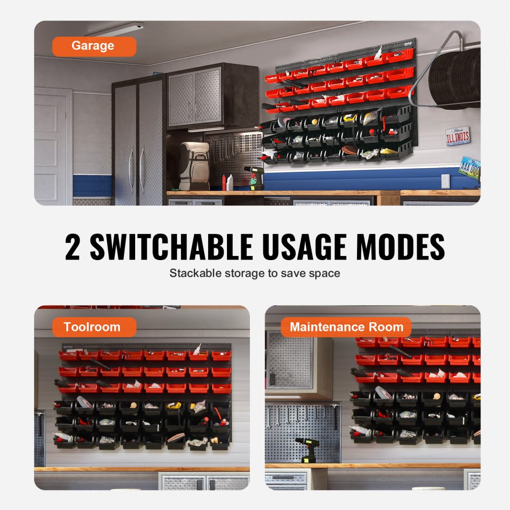 VEVOR Contenitori portaoggetti, Scaffale da 48 contenitori per garage, Organizzatore di attrezzi per dadi, bulloni, viti, chiodi, perline, bottoni, altre piccole parti, Nero e Rosso