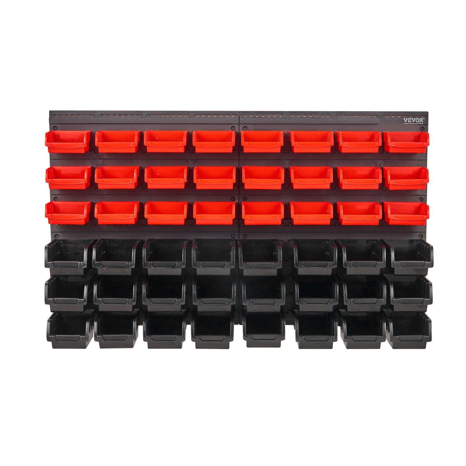 VEVOR Stackable Storage Boxes, 48-Container Parts Rack Organizer for Garage, Plastic Shop Tool with Wall Panels, Tool Organizer for Nuts, Bolts, Screws, Nails, Beads, Buttons, Black and Red