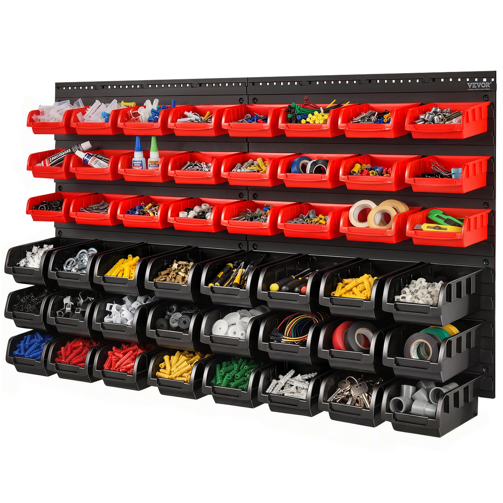 VEVOR Contenitori portaoggetti, Scaffale da 48 contenitori per garage, Organizzatore di attrezzi per dadi, bulloni, viti, chiodi, perline, bottoni, altre piccole parti, Nero e Rosso