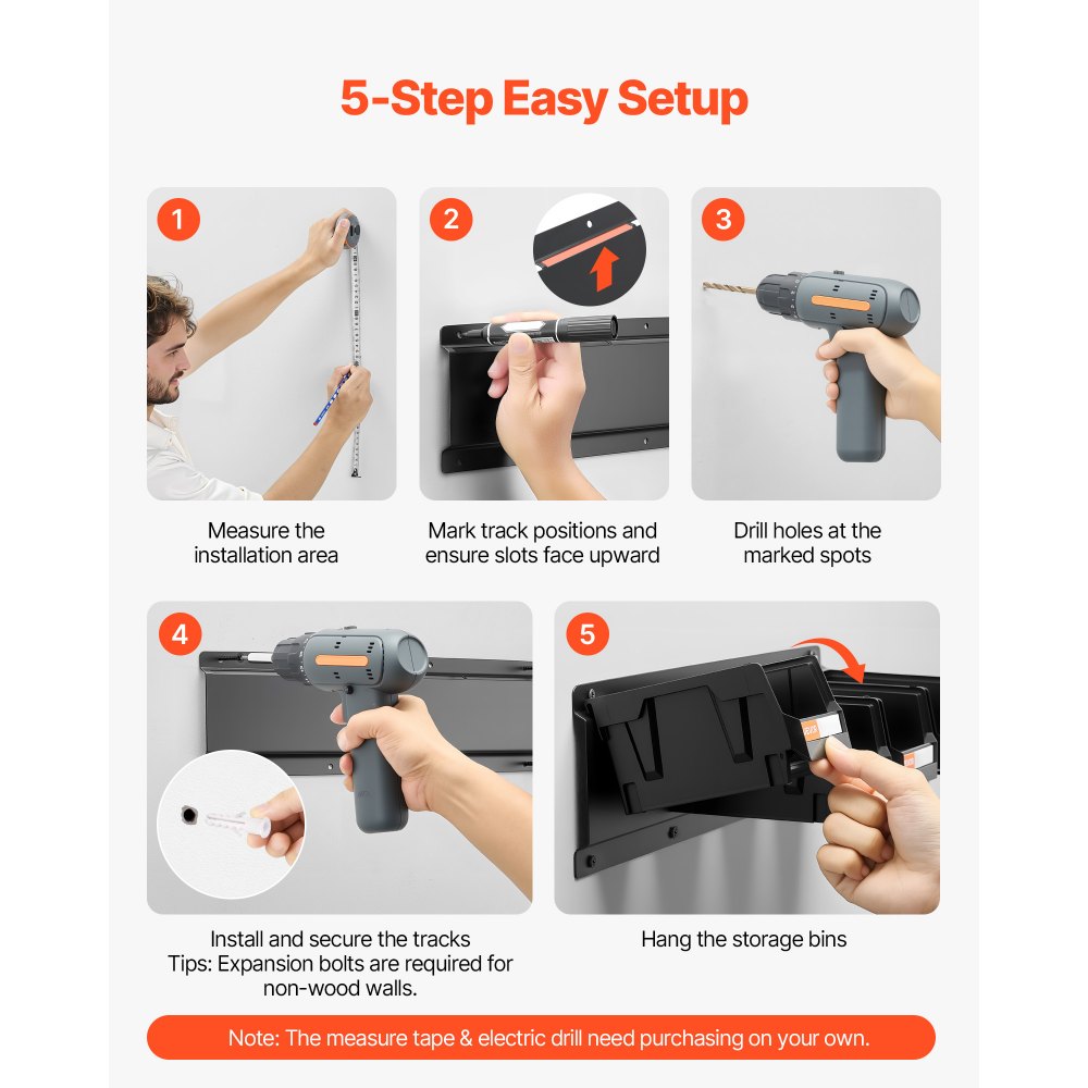 VEVOR Wall Mounted Storage Bins, 12 Plastic Bins & 3 Metal Rails, Plastic Hanging Stackable Storage Bin for Screws, Nuts, Bolts, Nails, Hardware Tool Organizer for Workshop, Craft Room, Garage, Black