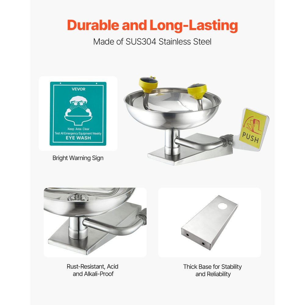 VEVOR Eyewash Station 27 cm, wall-mounted stainless steel eyewash station, emergency washbasin 410x330x240 mm, eye cleaning device, ideal for laboratories, factories, schools, construction sites