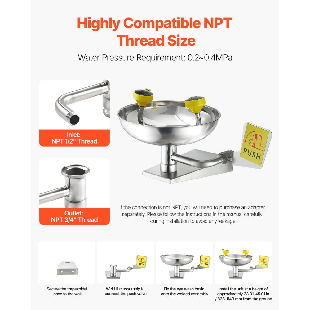 VEVOR Eyewash Station 27 cm, wall-mounted stainless steel eyewash station, emergency washbasin 410x330x240 mm, eye cleaning device, ideal for laboratories, factories, schools, construction sites