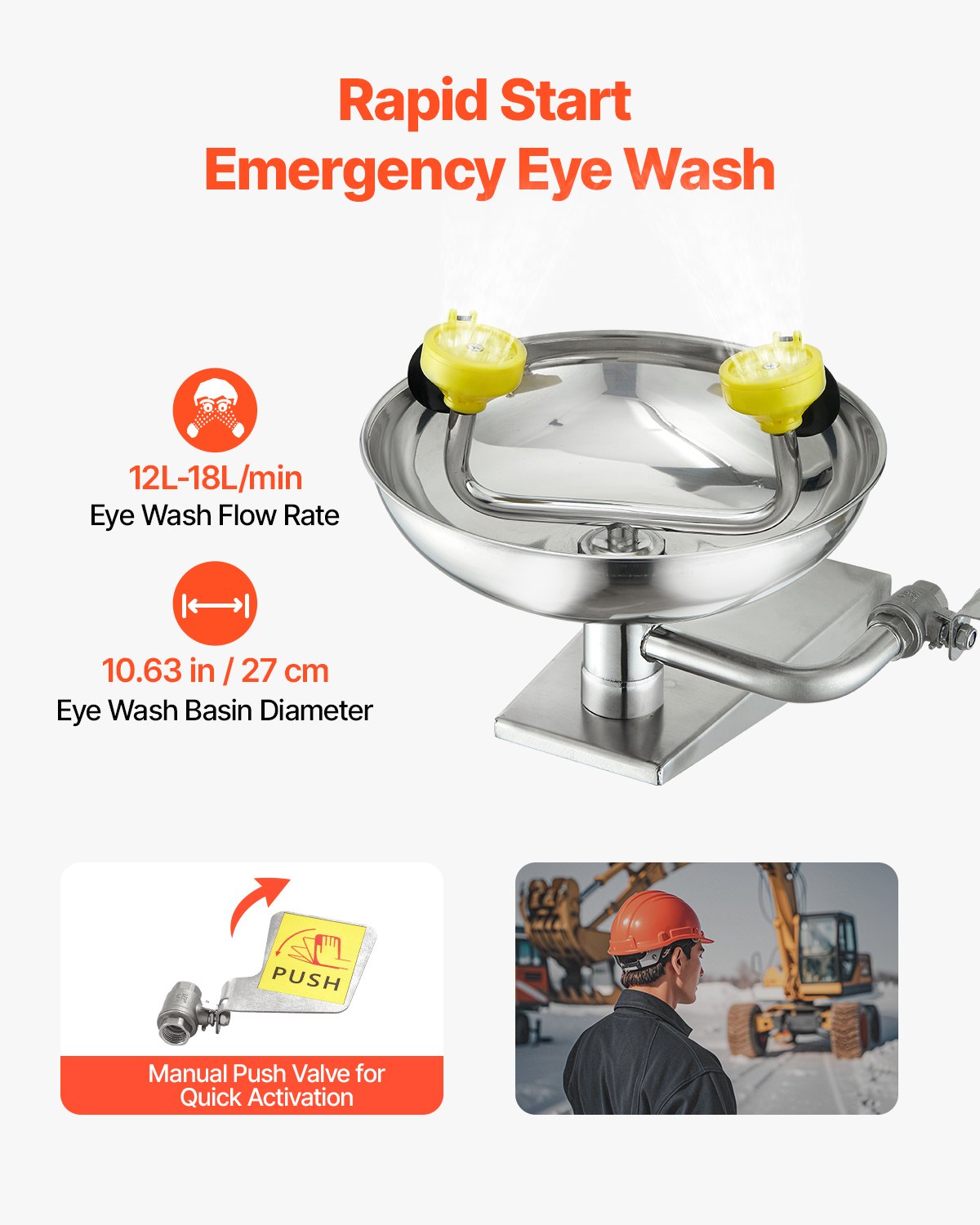 VEVOR Eyewash Station 27 cm, wall-mounted stainless steel eyewash station, emergency washbasin 410x330x240 mm, eye cleaning device, ideal for laboratories, factories, schools, construction sites