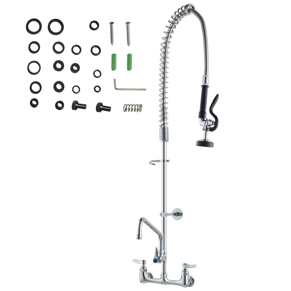 VEVOR Rubinetto Commerciale con Spruzzatore Pre-risciacquo, Altezza 1110 mm Interasse 203 mm Bocca Girevole 305 mm Montaggio a Parete, Dispositivo Ottone Getto Abbassante, Lavello da 1/2/3 Scomparto