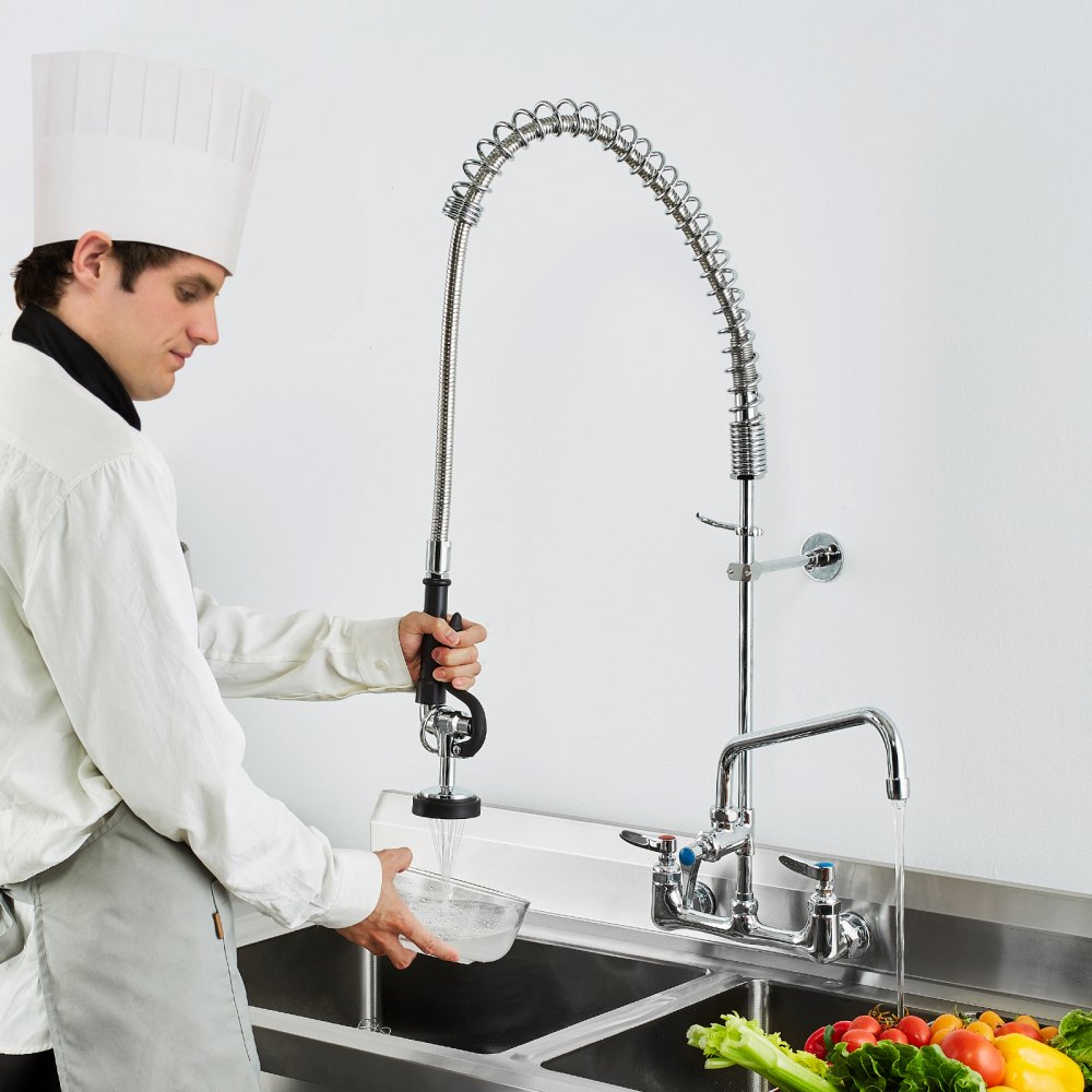VEVOR Rubinetto Commerciale con Spruzzatore Pre-risciacquo, Altezza 915 mm Interasse 203 mm Bocca Girevole 305 mm Montaggio a Parete, Dispositivo Ottone Getto Abbassante, Lavello da 1/2/3 Scomparto