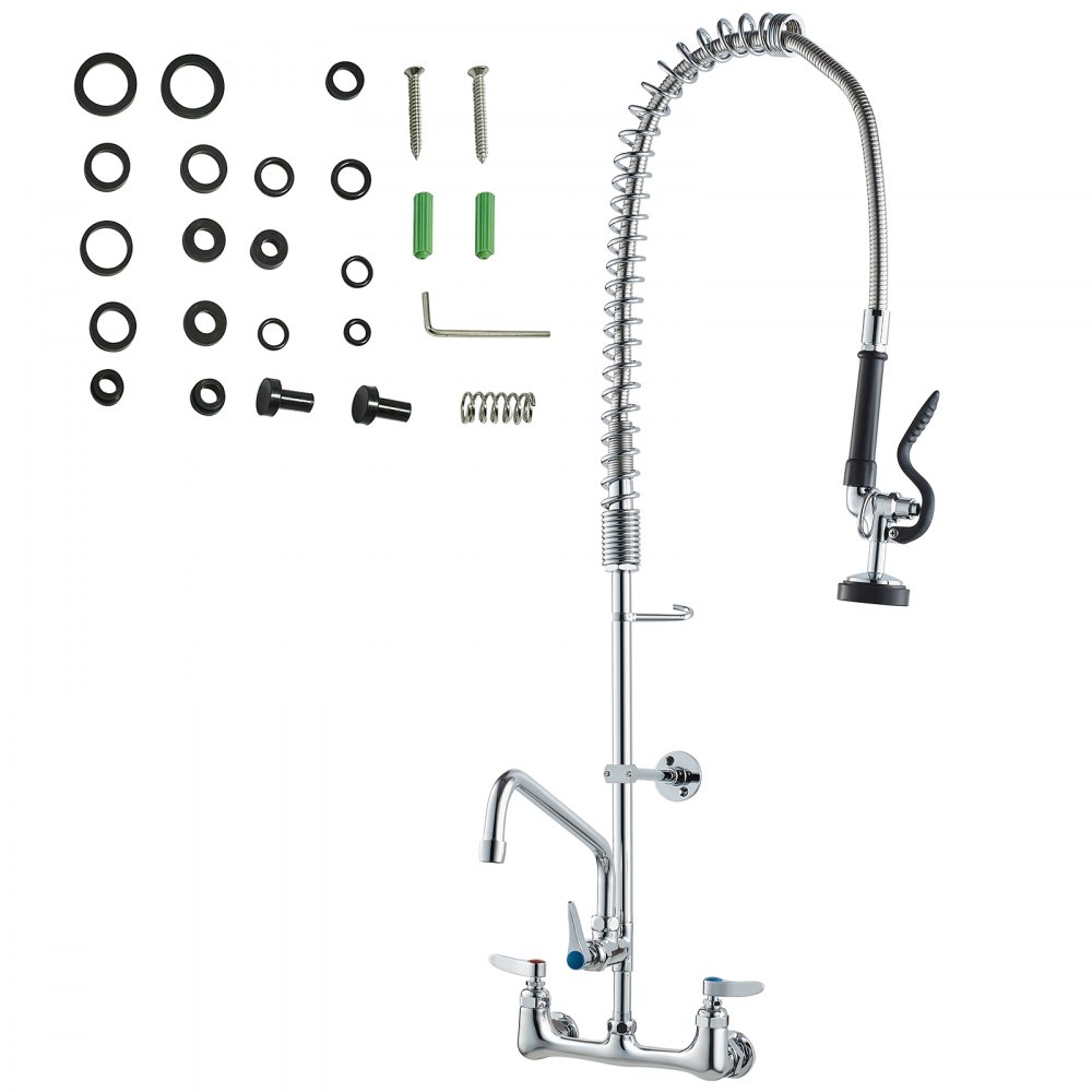 VEVOR Rubinetto Commerciale con Spruzzatore Pre-risciacquo, Altezza 915 mm Interasse 203 mm Bocca Girevole 305 mm Montaggio a Parete, Dispositivo Ottone Getto Abbassante, Lavello da 1/2/3 Scomparto