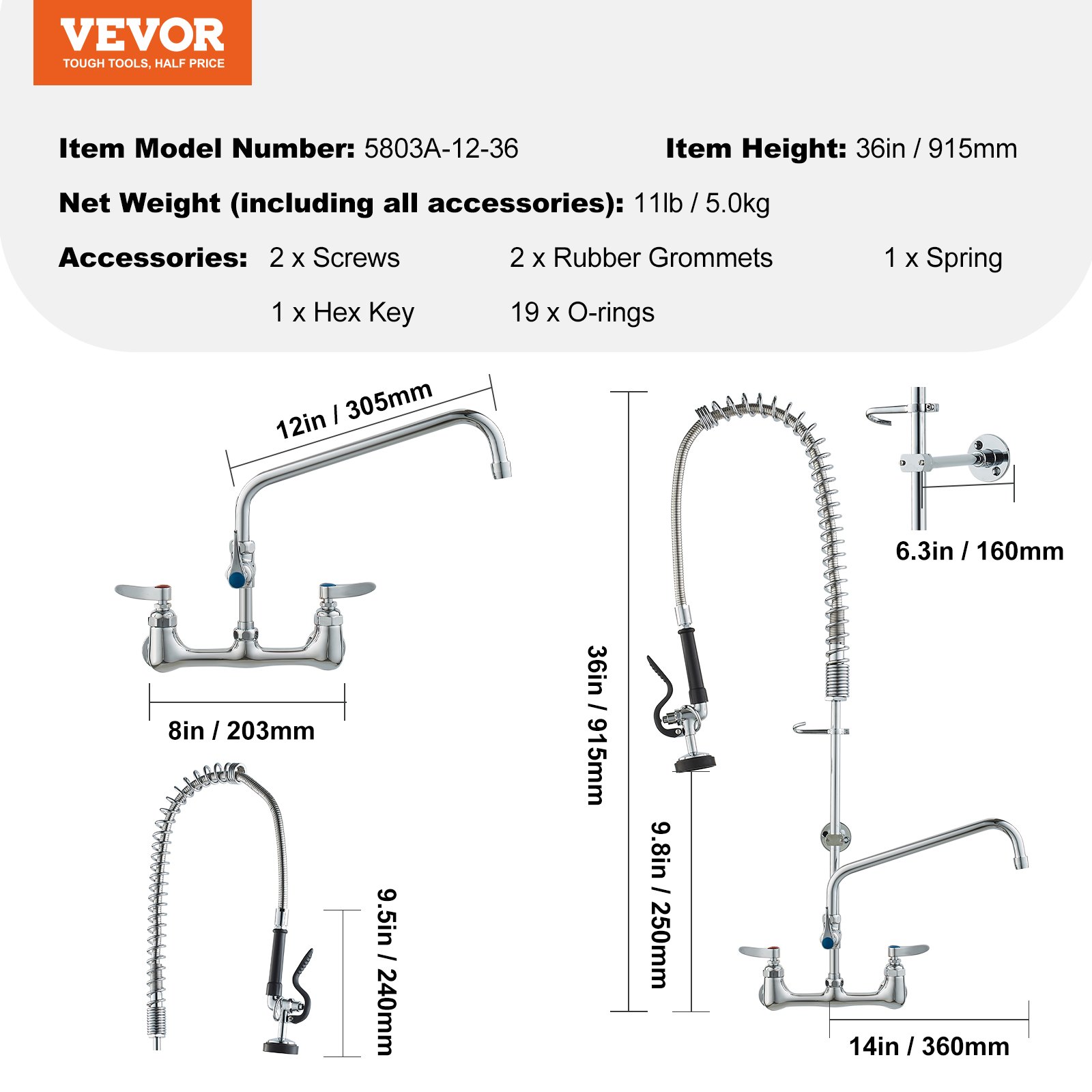 VEVOR Rubinetto Commerciale con Spruzzatore Pre-risciacquo, Altezza 915 mm Interasse 203 mm Bocca Girevole 305 mm Montaggio a Parete, Dispositivo Ottone Getto Abbassante, Lavello da 1/2/3 Scomparto