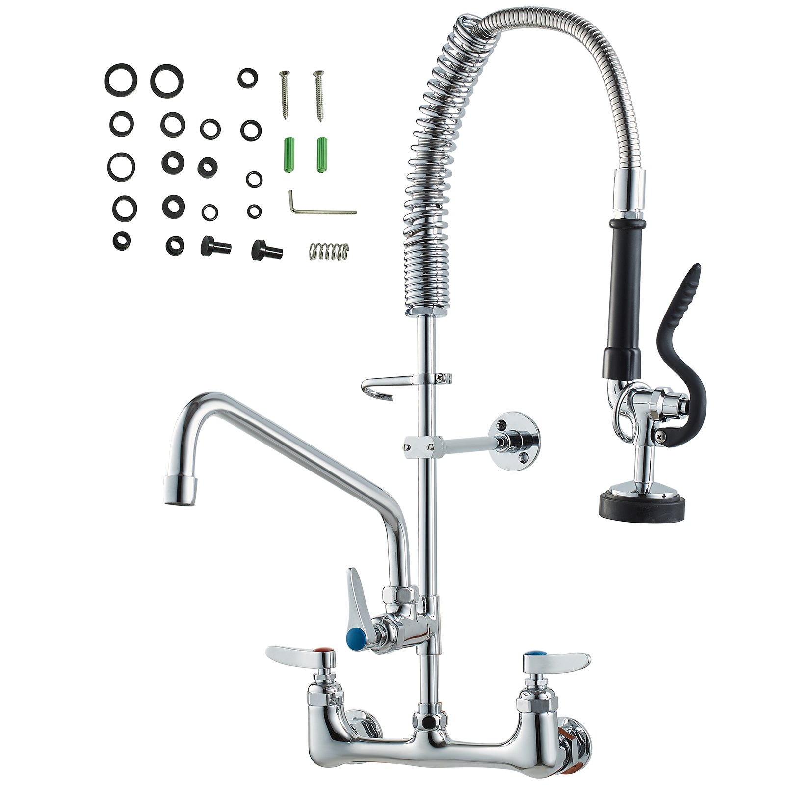 VEVOR Rubinetto Commerciale con Spruzzatore Pre-risciacquo, Altezza 630 mm Interasse 203 mm Bocca Girevole 305 mm Montaggio a Parete, Dispositivo Ottone Getto Abbassante, Lavello da 1/2/3 Scomparto