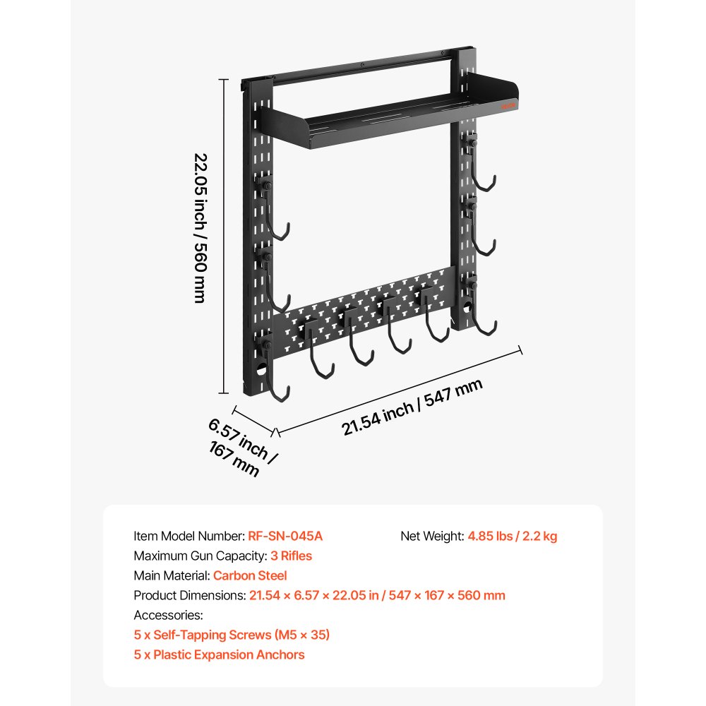 VEVOR Gun Rack Wall Mount, Heavy Duty Steel, Indoor Rifle Shotgun Rack with J-Hooks, Additional Tray Storage, Gun Accessories Display Storage Holder, Hold Up to 3 Rifles or Shotguns, for Tactical Gear