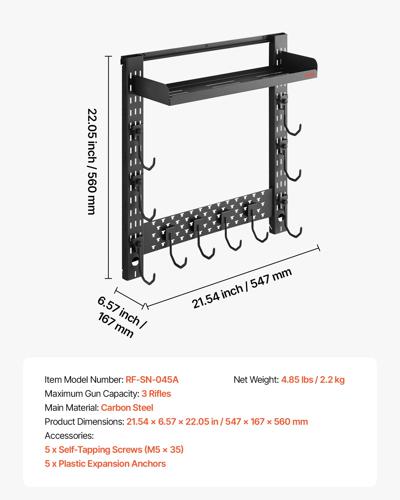 VEVOR Gun Rack Wall Mount, Heavy Duty Steel, Indoor Rifle Shotgun Rack with J-Hooks, Additional Tray Storage, Gun Accessories Display Storage Holder, Hold Up to 3 Rifles or Shotguns, for Tactical Gear