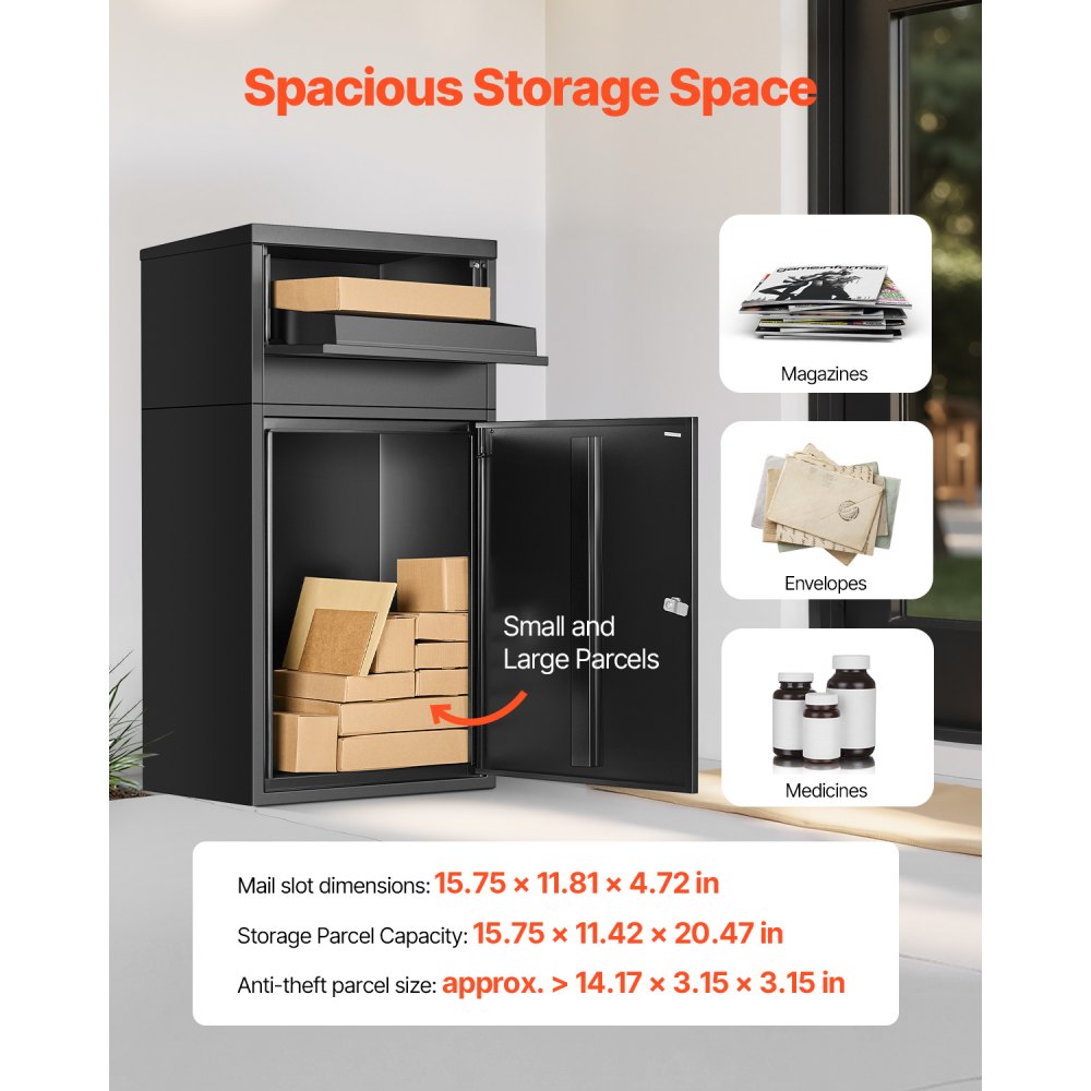 VEVOR Scatole per Consegna dei Pacchi per Esterni, Cassetta Postale da 909 mm per Pacchi con Serratura, Cassetta Postale in Acciaio Zincato con Design Antifurto, per Casa e Ufficio, Nero