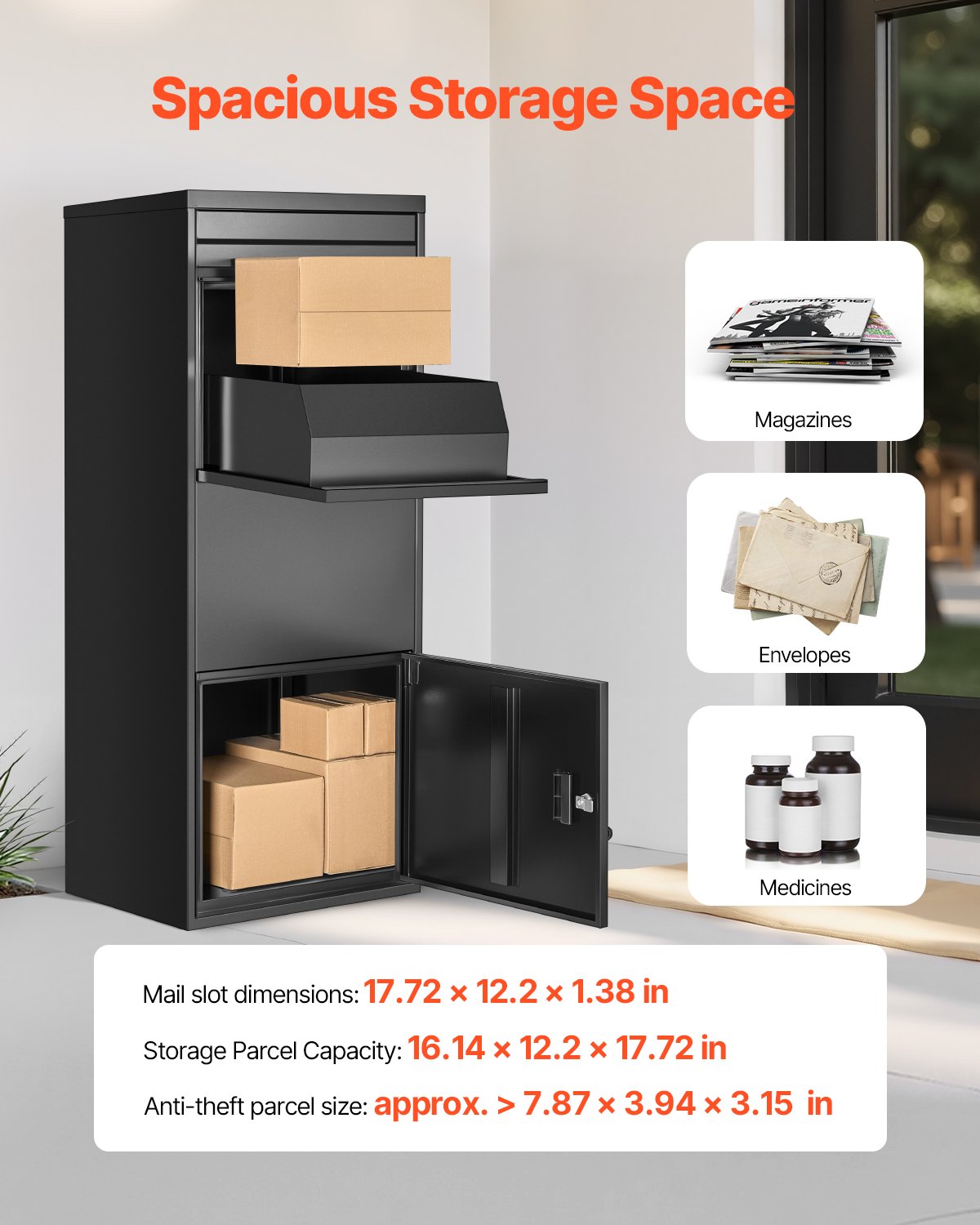 VEVOR Scatole per Consegna dei Pacchi per Esterni, Cassetta Postale da 1198 mm per Pacchi con Serratura, Cassetta Postale in Acciaio Zincato con Design Antifurto, per Casa e Ufficio, Nero