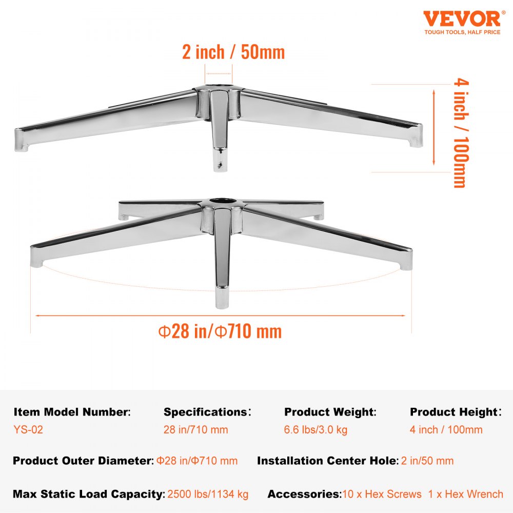 VEVOR Base Sostitutiva per Sedia da Ufficio, 710 mm, Base Universale per Sedia da Scrivania per Computer, Capacità Carico Statico 1134kg, con Gambe in Metallo Rinforzate, Base Sostituiva per Sedia