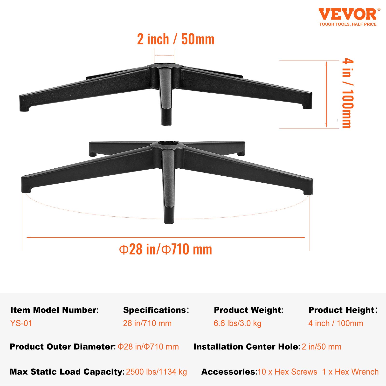 VEVOR Base Sostitutiva per Sedia da Ufficio, 710 mm, Base Universale per Sedia da Scrivania per Computer, Capacità Carico Statico 1134kg, con Gambe in Metallo Rinforzate, Base da Sostituire Sedia