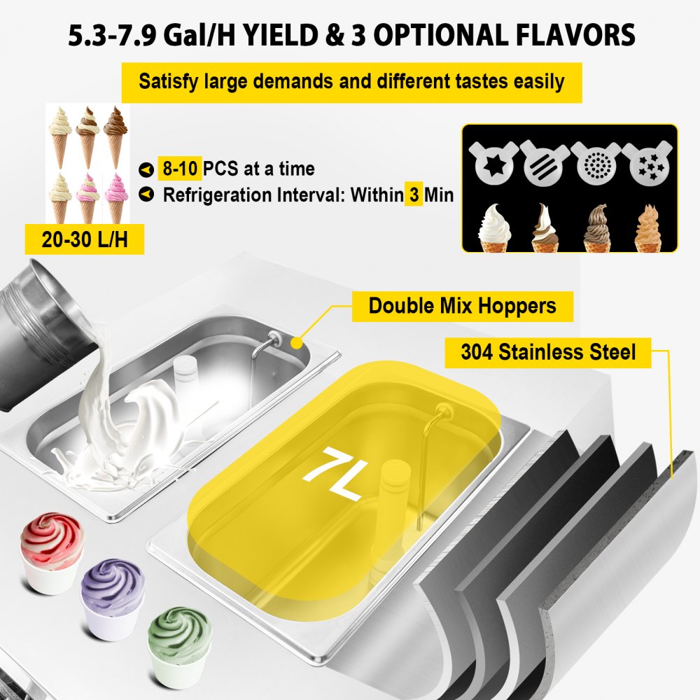 VEVOR Macchina per Gelato Soft da 3 Gusti Gelatiera Commerciale con Porta Cono