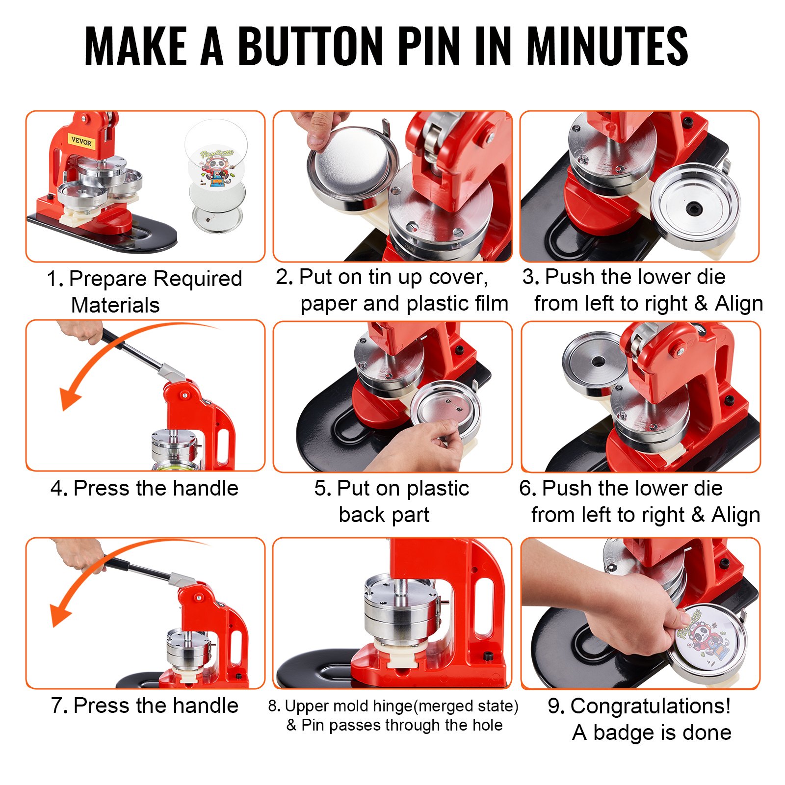 VEVOR Button Machine, 75 mm (3 inch) Badge Punch Press Set, Kids DIY Gifts Pin Maker, Button Making Accessories with 500 Button Spare Parts, Circle Cutter & Instruction Book