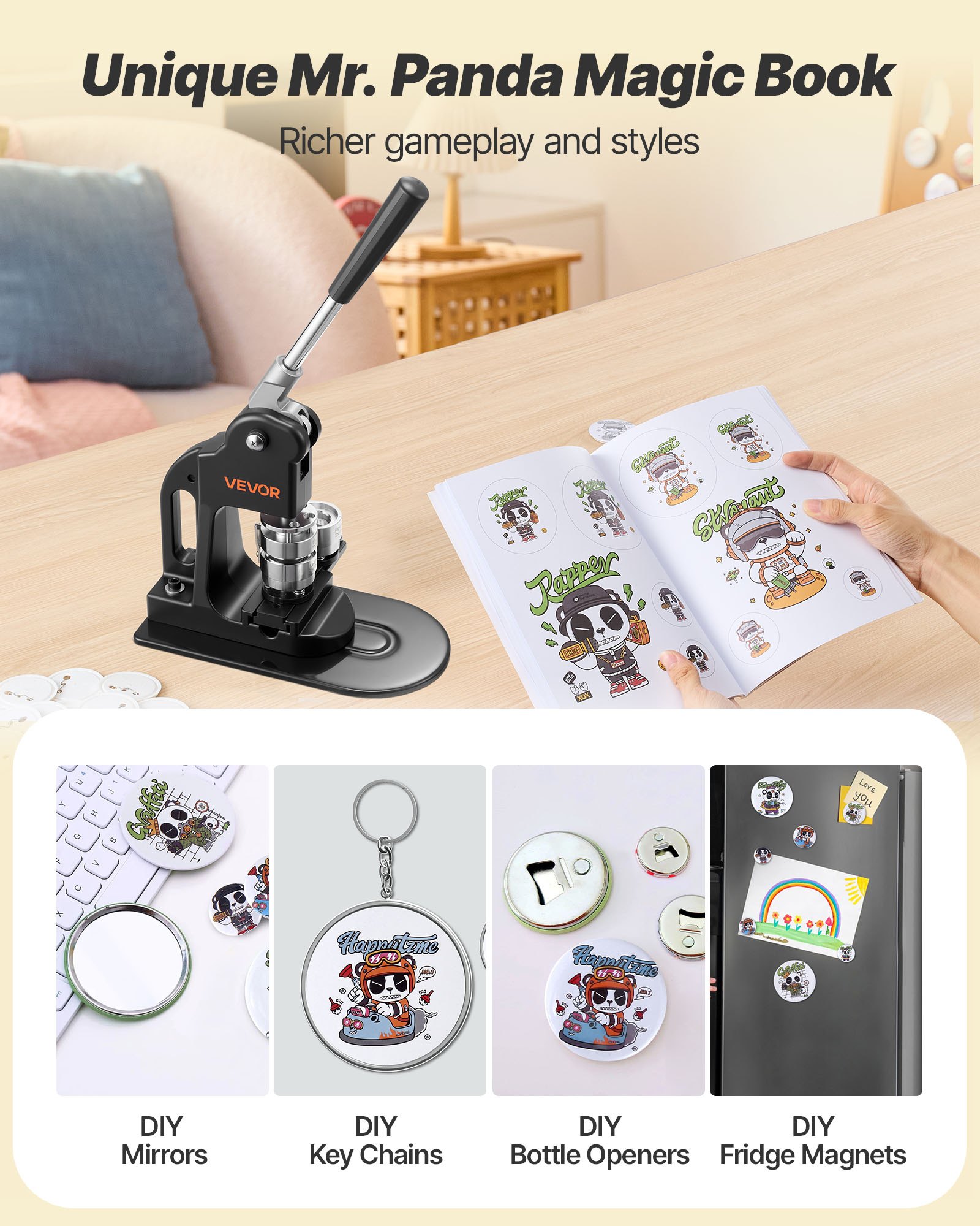 VEVOR Set di Macchina a Pressione Manuale per Bottoni 32 mm con 500 Pezzi di Bottoni, Taglierina Circolare, Chiavi Esagonali e Libro Magico, Impugnatura Ergonomica, per Spille Personalizzate, Nero