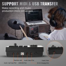 VEVOR Set di Batteria Elettronica, 15 Kit di Batteria 150 Suoni, Set di Batteria Elettronica Rullante Silenzioso 203,2 mm con Supporto USB MIDI con Piatti Bacchette e Cuffie, Principianti e Adulti