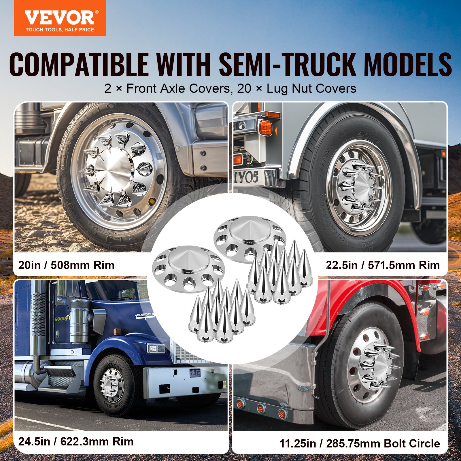 VEVOR wheel covers for the front axle, axle cover with spikes for semi-trailer trucks, galvanized ABS wheel nut covers, rust-resistant, mounting tool included