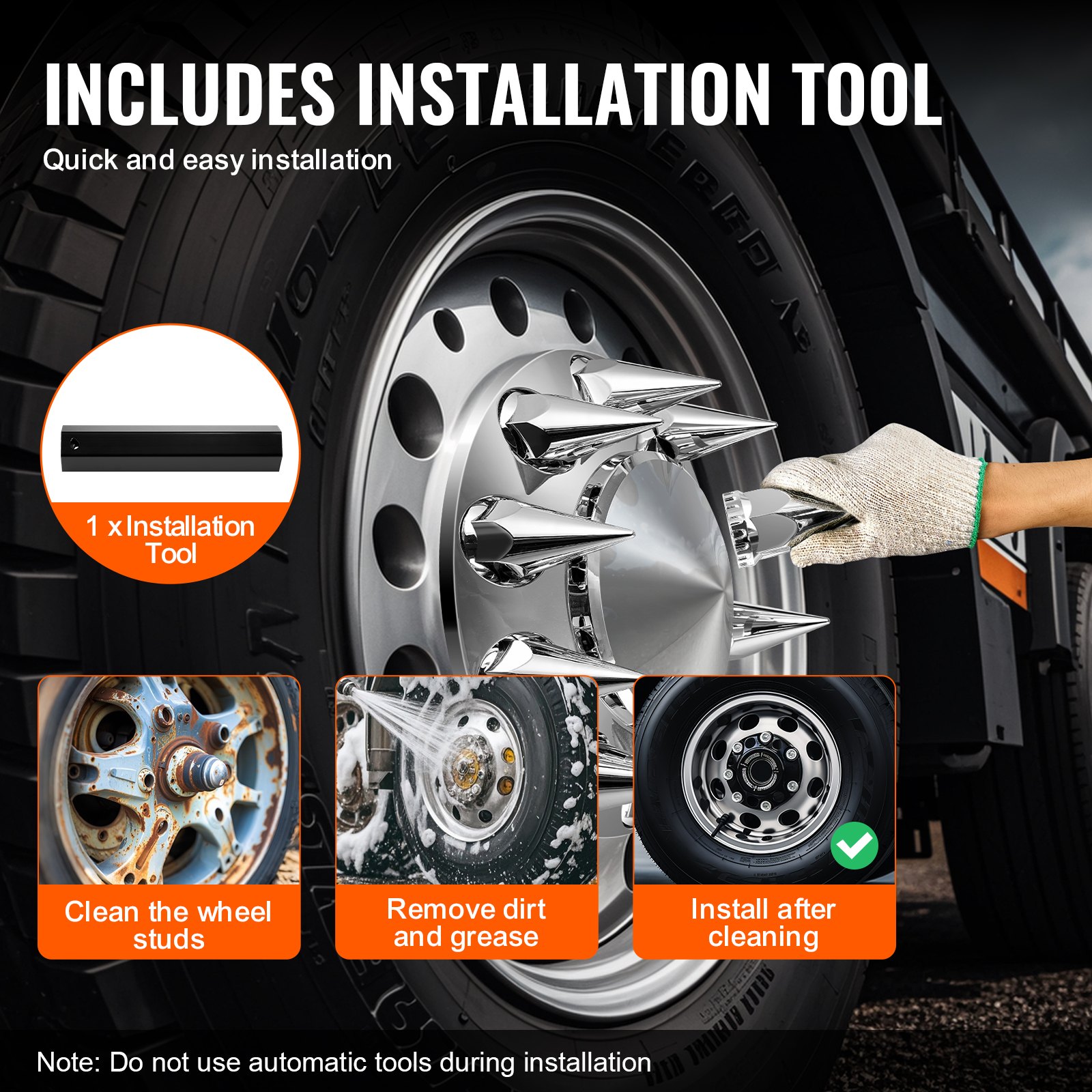 VEVOR wheel covers for the front axle, axle cover with spikes for semi-trailer trucks, galvanized ABS wheel nut covers, rust-resistant, mounting tool included