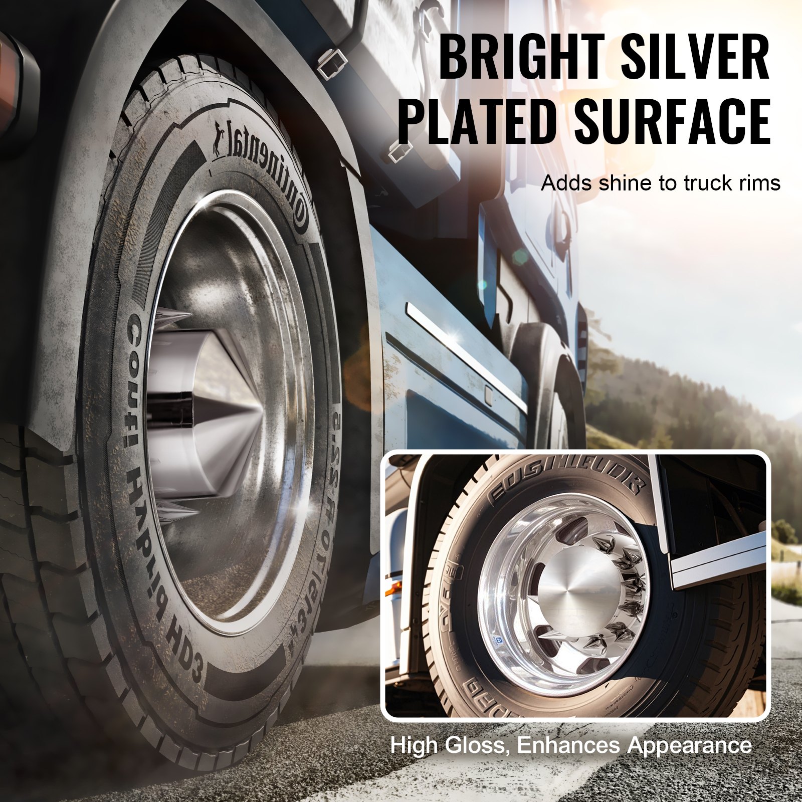 VEVOR rear axle wheel covers with spikes for semi-trailer trucks, galvanized ABS wheel nut covers, 4 pieces. Mounting tool included, complete set, silver.