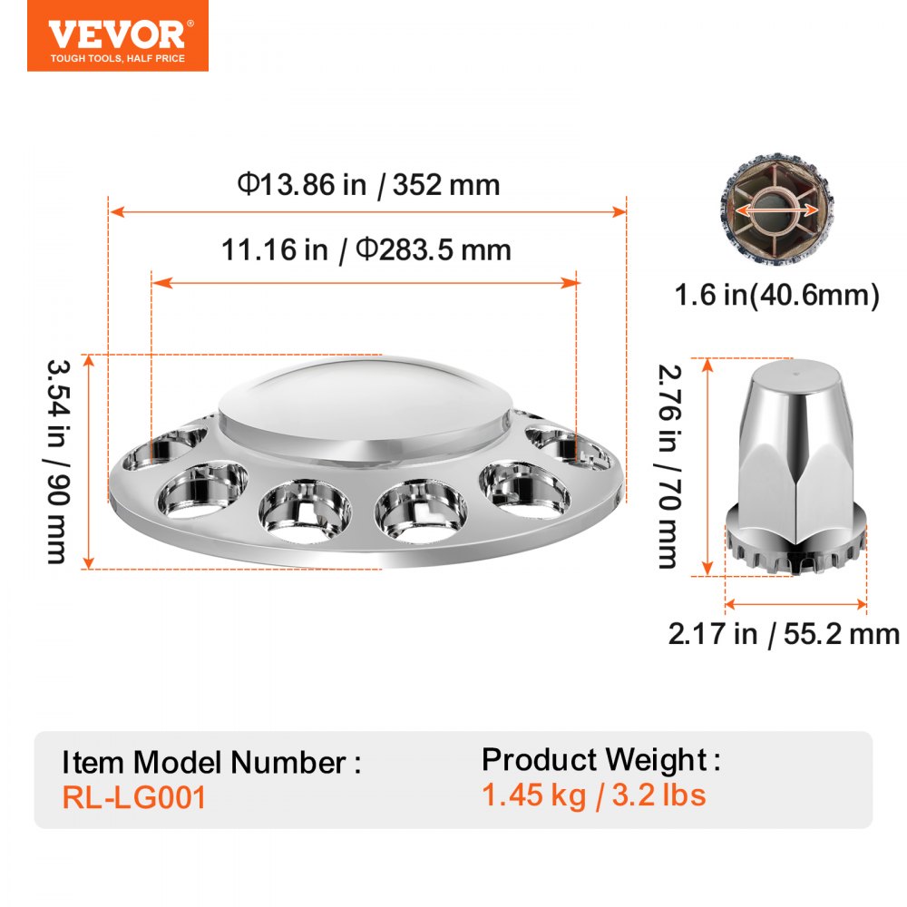 VEVOR Wheel Covers Front Axle Wheel Nut Covers Domed Axle Cover for Semi-Trucks Galvanized ABS Wheel Nut Covers 2 Pieces, Complete Axle Cover with Mounting Tools Bright Silver