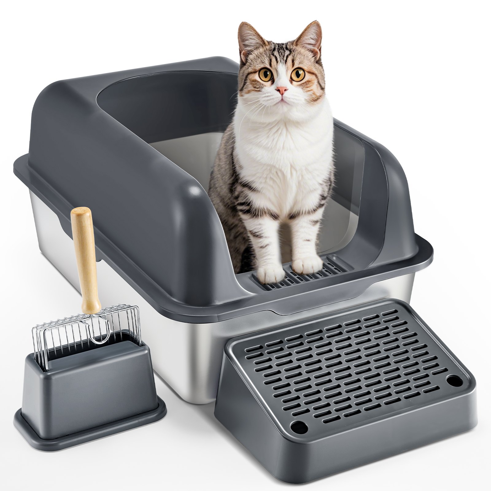 VEVOR Cat Litter Box, 152.4 mm deep, XL extra-large stainless steel cat litter box with scoop, wide filter base and high rim, odor-free tray litter box for cats, 60 x 40 x 30 cm, dark gray