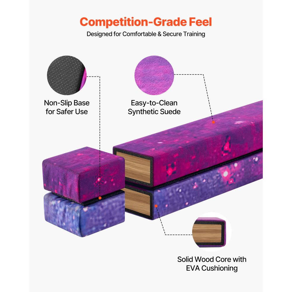 VEVOR 8FT Folding Balance Beam for Kids, 136.1KG Stable Support Gymnastics Floor Beam with Non-Slip Mat, Wood-Core Gymnastics Training Equipment with Anti-Slip Bottom & Carry Bag for Home Gym, Galaxy