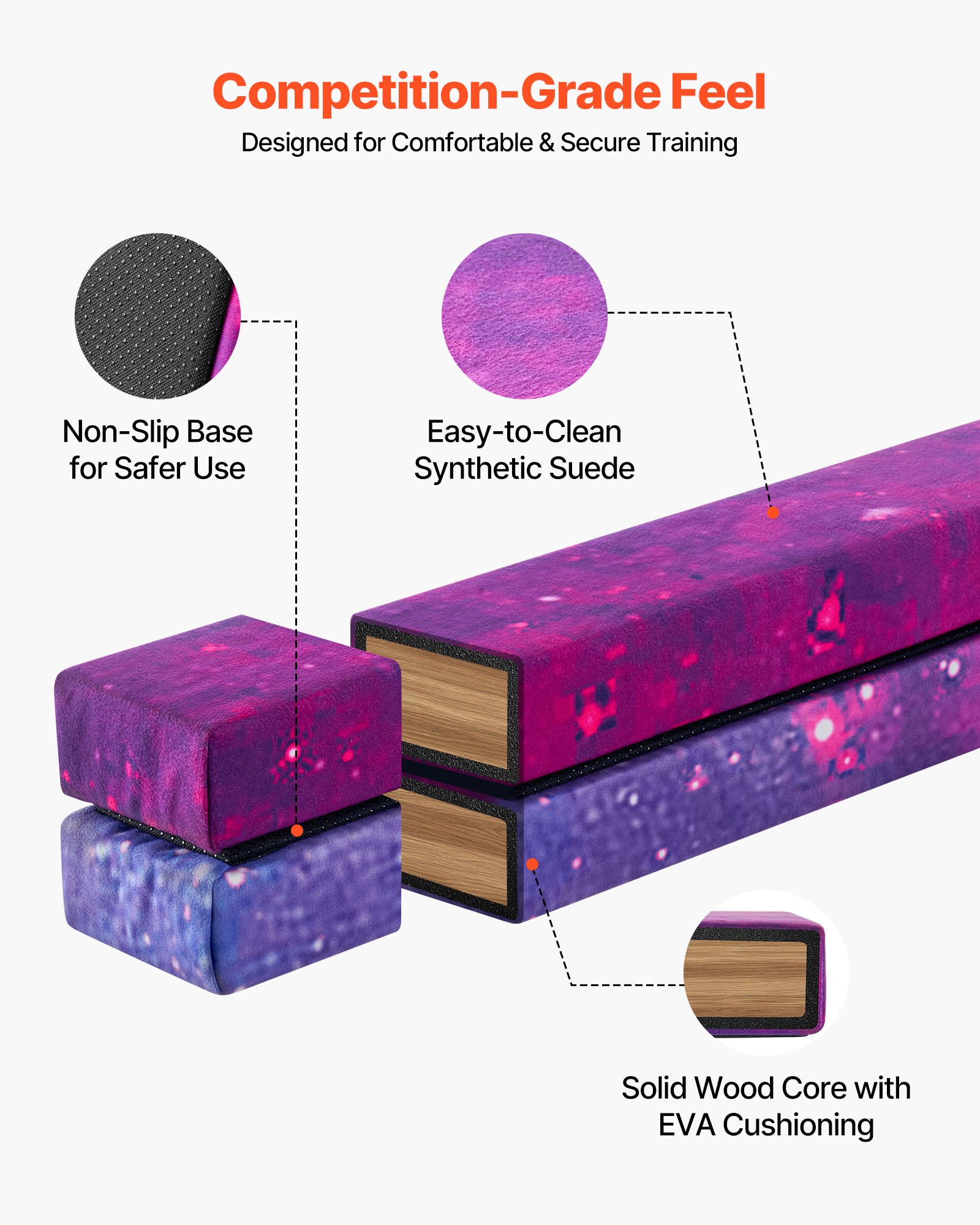 VEVOR 8FT Folding Balance Beam for Kids, 136.1KG Stable Support Gymnastics Floor Beam with Non-Slip Mat, Wood-Core Gymnastics Training Equipment with Anti-Slip Bottom & Carry Bag for Home Gym, Galaxy