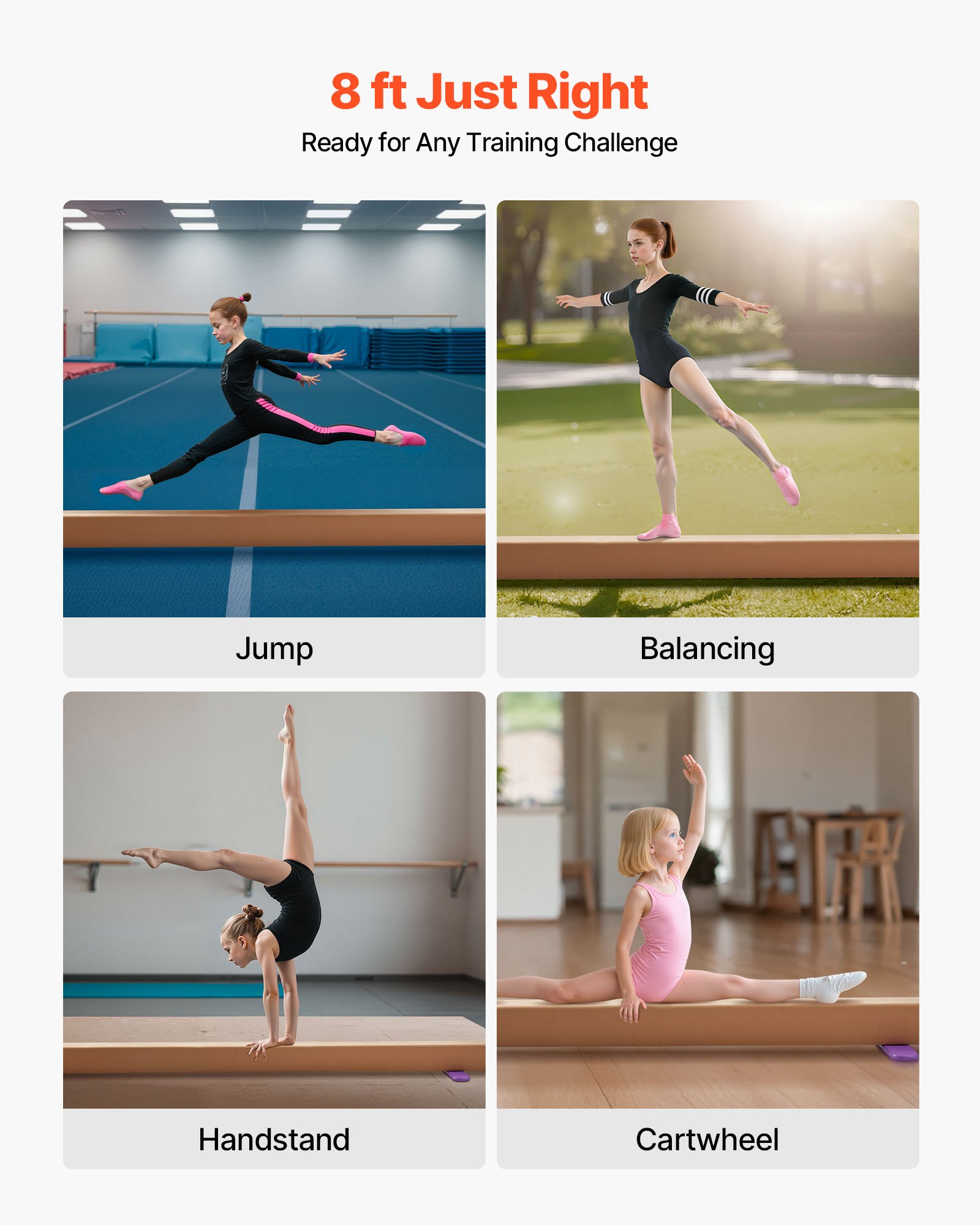 VEVOR Trave di Equilibrio per Ginnastica per Bambini, Pieghevole 2400 mm Capacità di Carico 158,75 kg, con Tappetino Antiscivolo, Trave di Equilibrio con Anima in Legno, per Casa e Palestra, Giallo