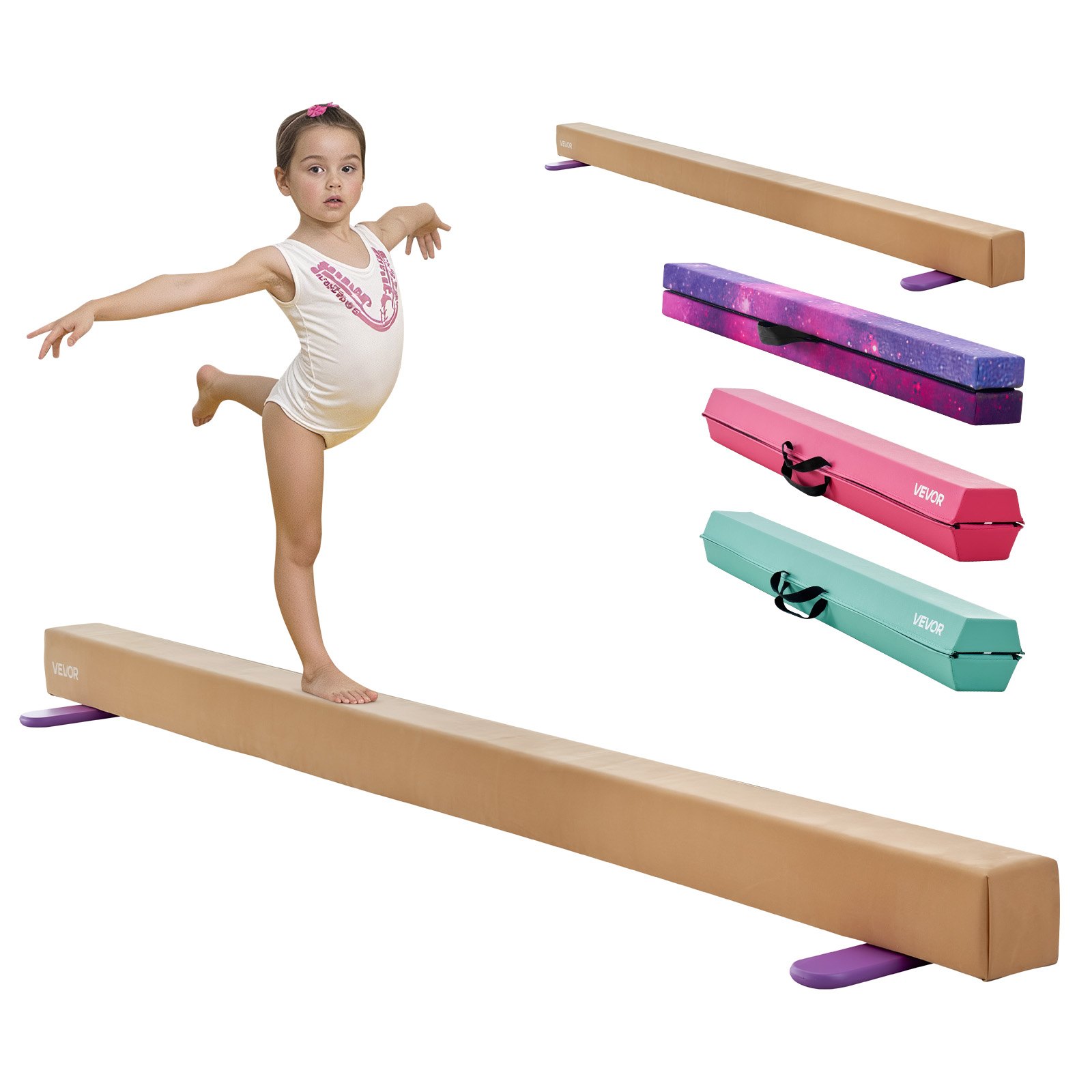 VEVOR Trave di Equilibrio per Ginnastica per Bambini, Pieghevole 2400 mm Capacità di Carico 158,75 kg, con Tappetino Antiscivolo, Trave di Equilibrio con Anima in Legno, per Casa e Palestra, Giallo