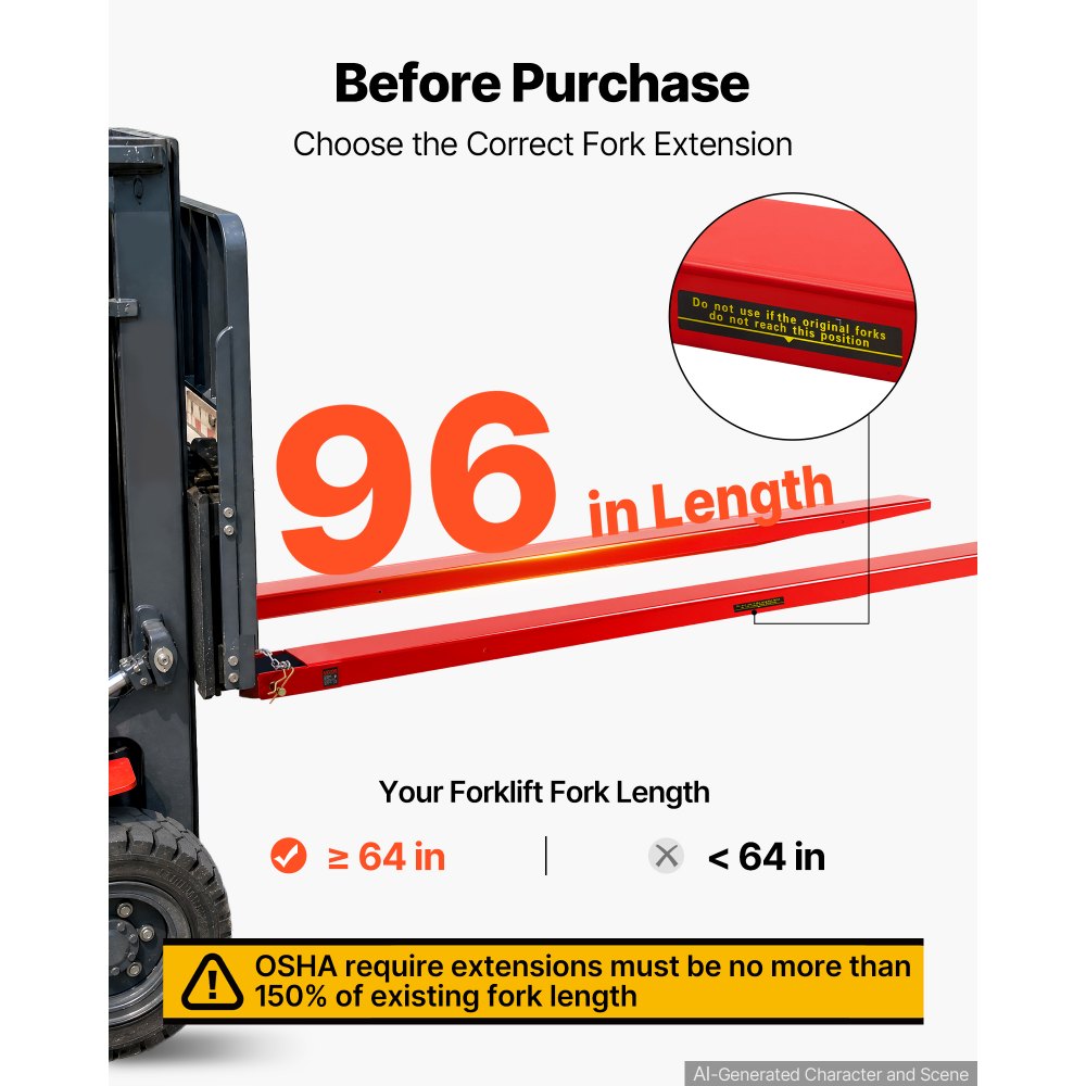 VEVOR Forklift Extensions 2440 x 140 mm, 2494.8 kg Capacity & Bottom Lock, for Forklifts and Forklift Trucks, Heavy-Duty Industrial Steel Pallet Fork Attachments, Extended Load Handling, Red, 1 Pair