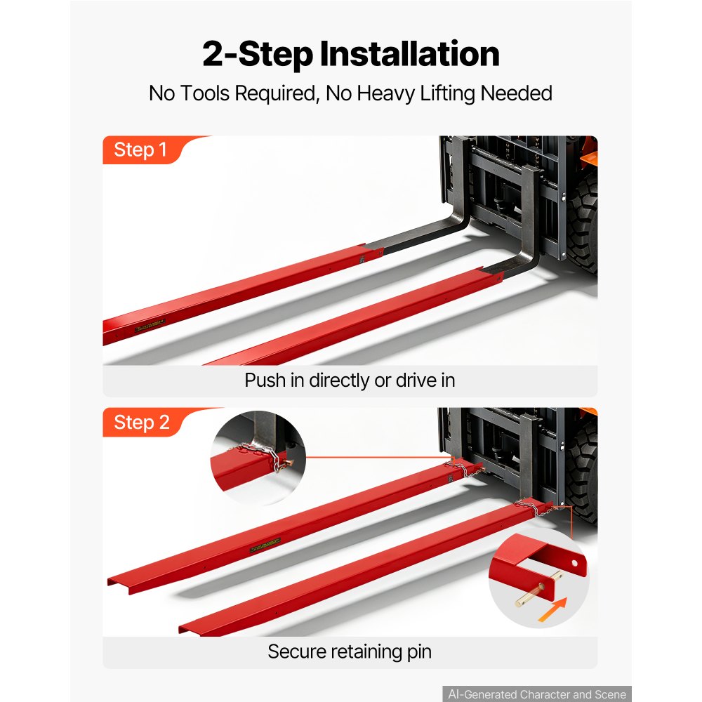 VEVOR Forklift Extensions 2440 x 115 mm, 2494.8 kg Capacity & Bottom Lock, for Forklifts and Forklift Trucks, Heavy-Duty Industrial Steel Pallet Fork Attachments, Extended Load Handling, Red, 1 Pair