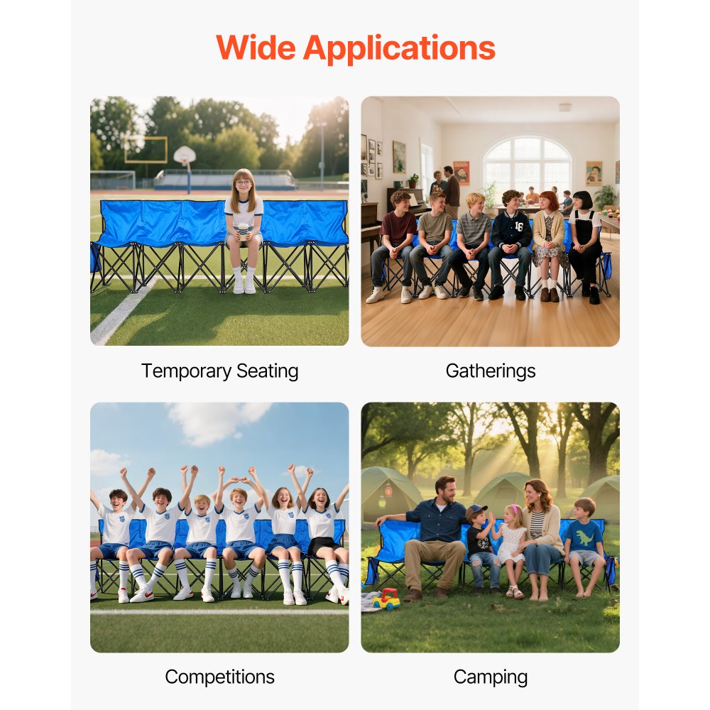 VEVOR Portable Folding Bench, 6 Seat Foldable Soccer Bench with Side Pockets and Carrying Bag, Lightweight Sideline Seating with Back Rest for Football, Baseball, Camping, Outdoor Events, Blue