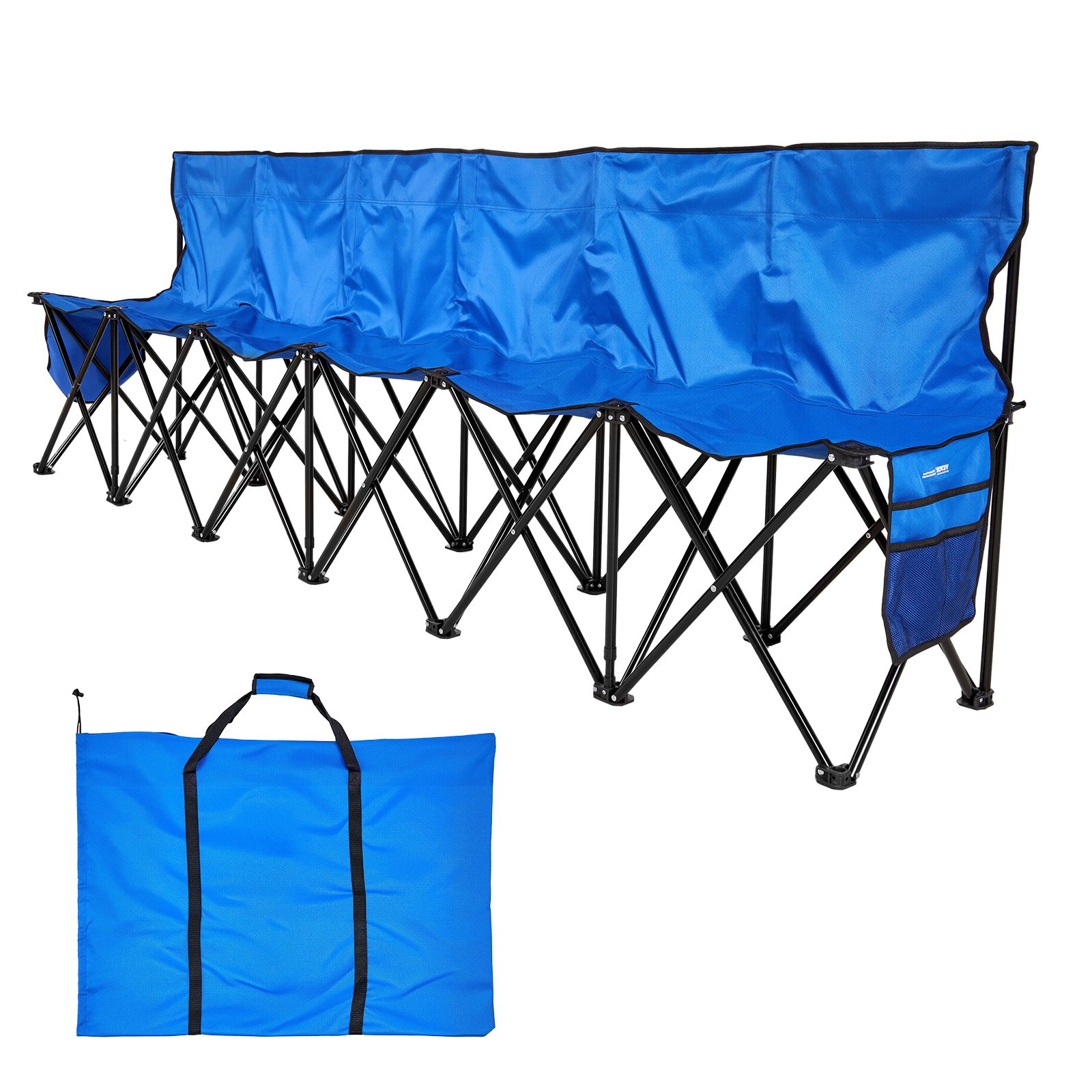 VEVOR Portable Folding Bench, 6 Seat Foldable Soccer Bench with Side Pockets and Carrying Bag, Lightweight Sideline Seating with Back Rest for Football, Baseball, Camping, Outdoor Events, Blue