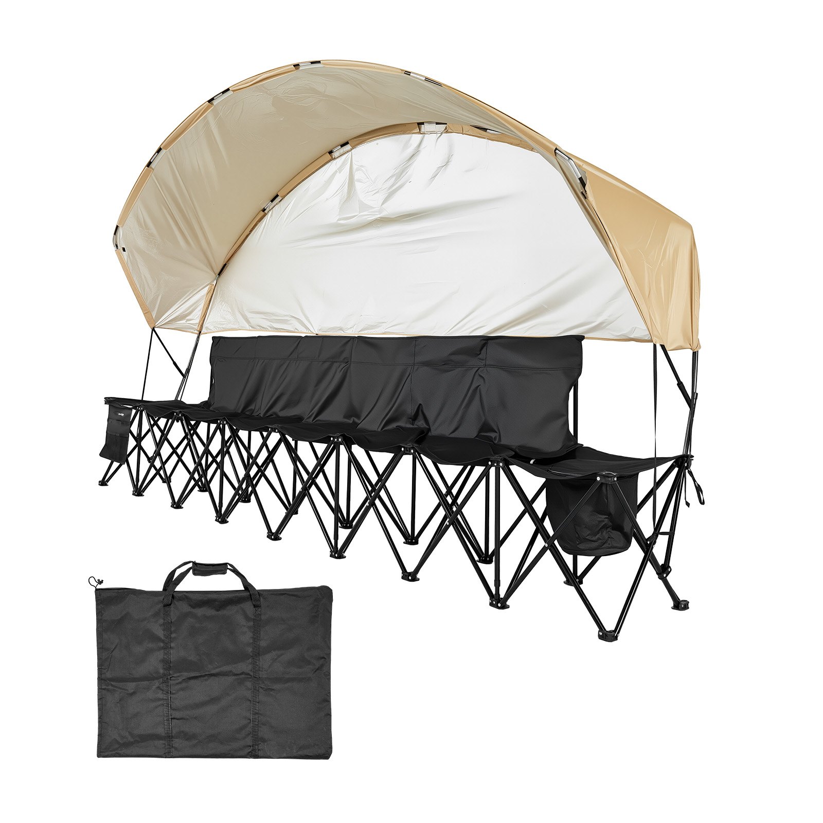 VEVOR Portable Folding Bench, 6 Seat Soccer Bench with Storage Pockets Cup Holders & Carrying Bag, Lightweight Sideline Seating with Sunshade for Football, Baseball, Camping, Outdoor Events, Black