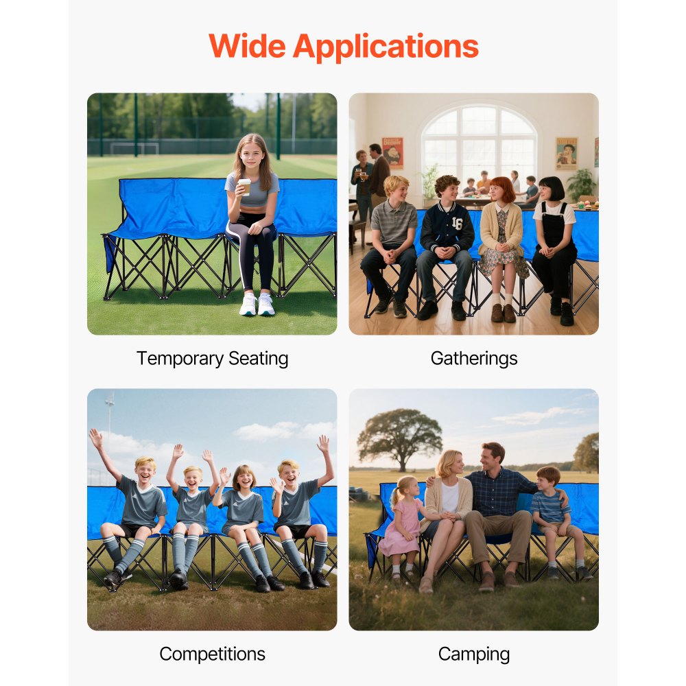 VEVOR Panca da Campeggio Portatile per Squadre 8 Persone con Tasche Laterali e Borsa per il Trasporto, Panca Pieghevole con Schienale, Panca Laterale per Attività all'Aperto di Calcio, Blu