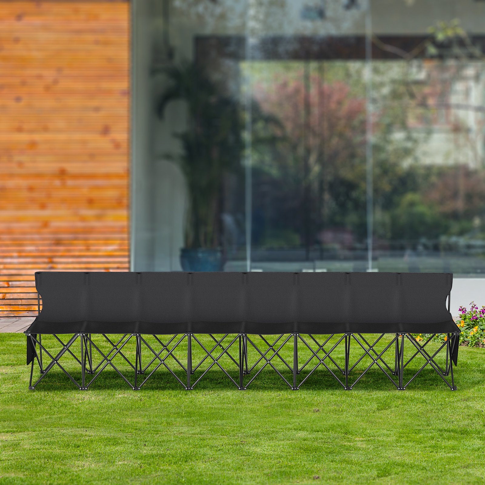 VEVOR Portable Folding Bench, 8 Seat Foldable Soccer Bench with Side Pockets and Carrying Bag, Lightweight Sideline Seating with Back Rest for Football, Baseball, Camping, Outdoor Events, Black