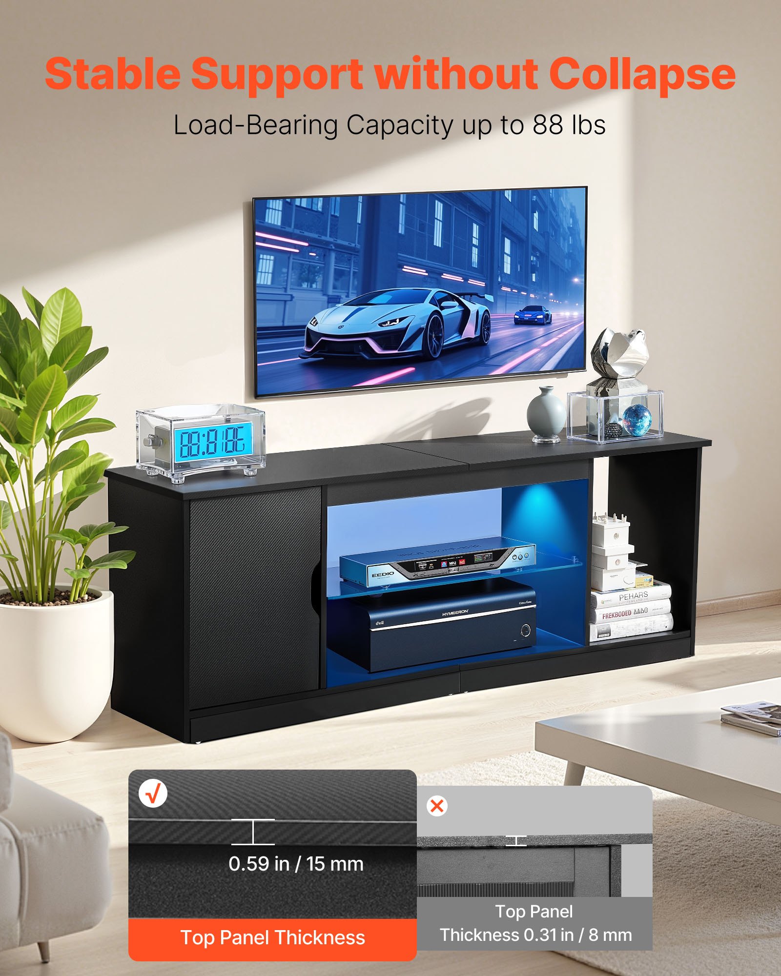 VEVOR TV Stand for TVs up to 1651 mm, Modern Entertainment Center with Light Strip, Wooden TV Cabinet Storage with Glass Shelf and Adjustable Shelves, Console Table for Living Room and Bedroom, Black