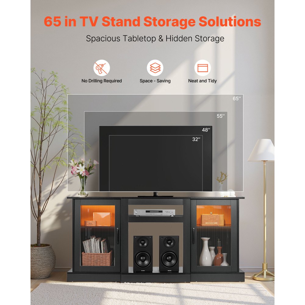 VEVOR Mobiletto Porta TV per Soggiorno Fino a 1651 mm Capacità di Carico di 49,90 kg Tavolo TV in Legno con Barra Luminosa, Ante e Ripiani Regolabili, per Soggiorno Camera da Letto, Nero