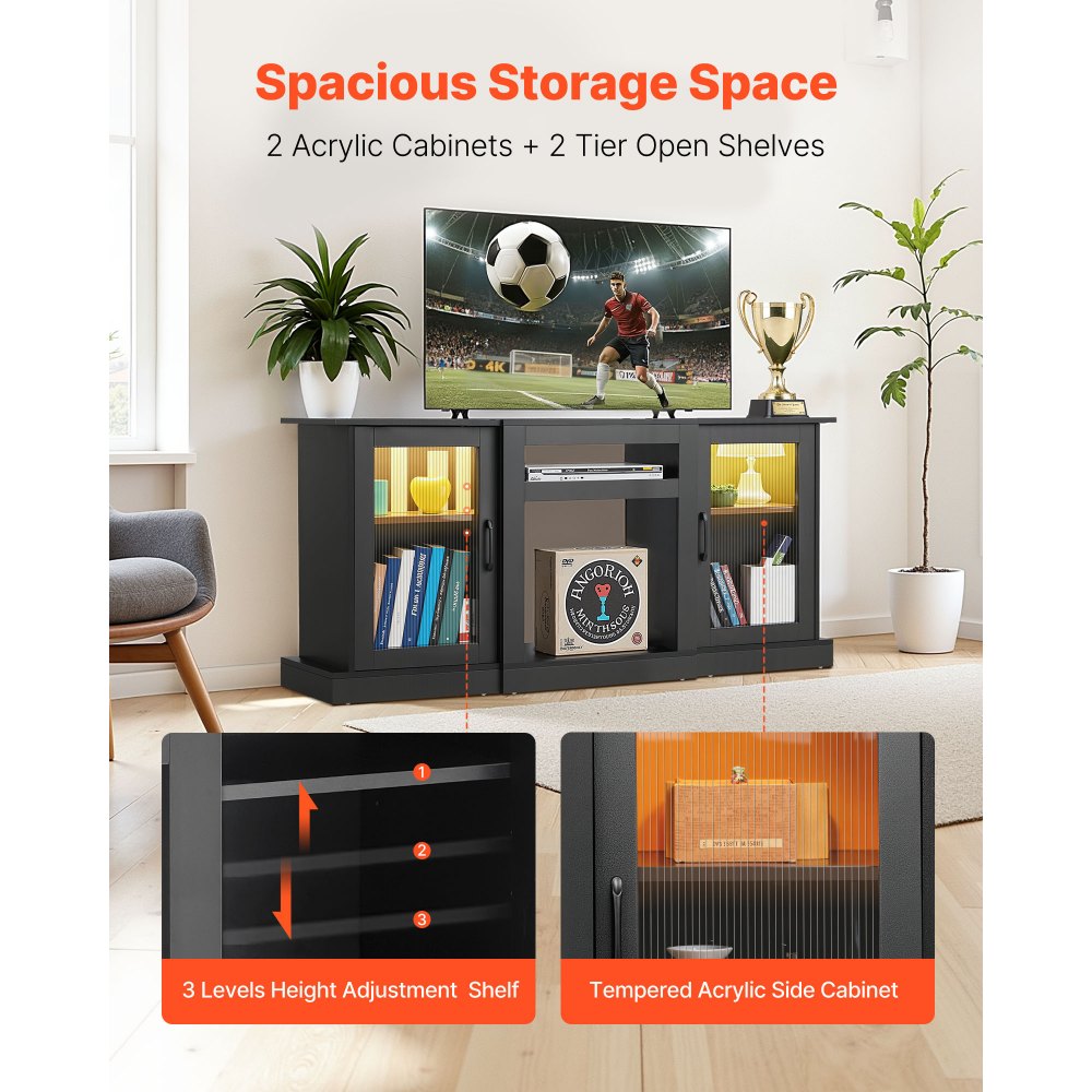 VEVOR Mobiletto Porta TV per Soggiorno Fino a 1651 mm Capacità di Carico di 49,90 kg Tavolo TV in Legno con Barra Luminosa, Ante e Ripiani Regolabili, per Soggiorno Camera da Letto, Nero