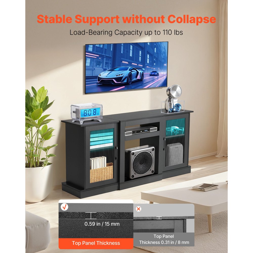 VEVOR Mobiletto Porta TV per Soggiorno Fino a 1651 mm Capacità di Carico di 49,90 kg Tavolo TV in Legno con Barra Luminosa, Ante e Ripiani Regolabili, per Soggiorno Camera da Letto, Nero