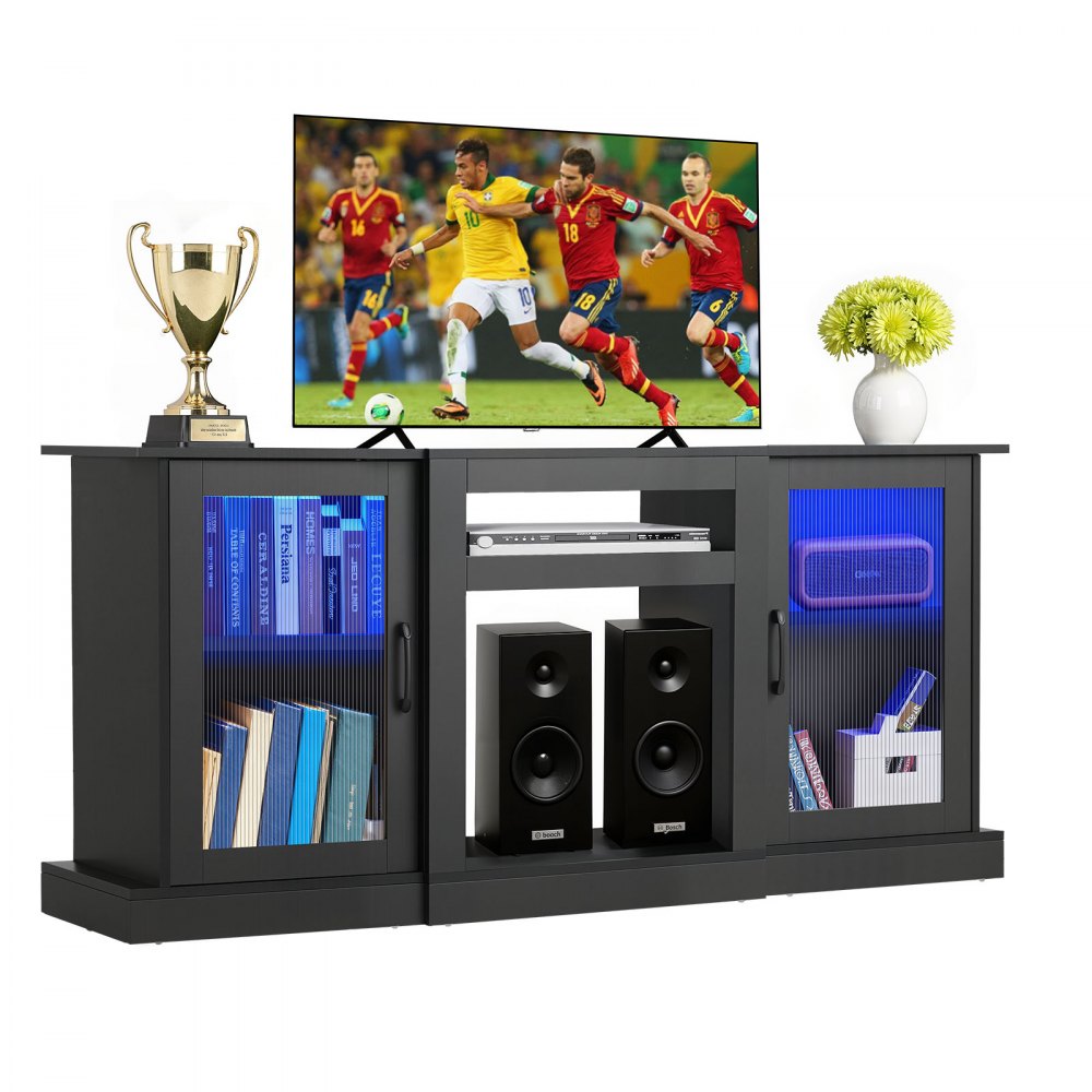 VEVOR Mobiletto Porta TV per Soggiorno Fino a 1651 mm Capacità di Carico di 49,90 kg Tavolo TV in Legno con Barra Luminosa, Ante e Ripiani Regolabili, per Soggiorno Camera da Letto, Nero