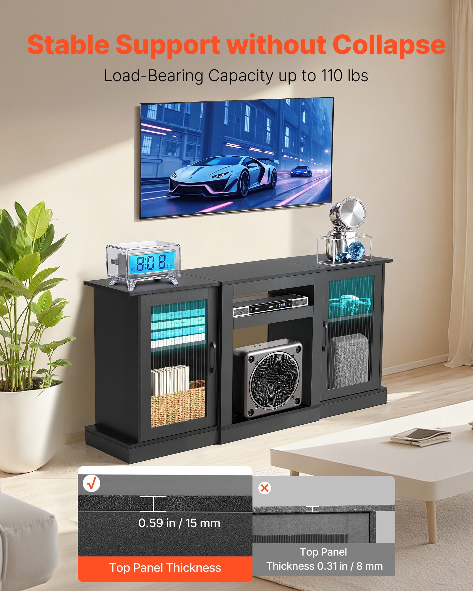 VEVOR Mobiletto Porta TV per Soggiorno Fino a 1651 mm Capacità di Carico di 49,90 kg Tavolo TV in Legno con Barra Luminosa, Ante e Ripiani Regolabili, per Soggiorno Camera da Letto, Nero