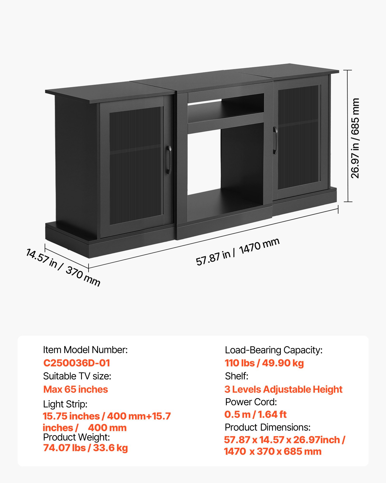VEVOR Mobiletto Porta TV per Soggiorno Fino a 1651 mm Capacità di Carico di 49,90 kg Tavolo TV in Legno con Barra Luminosa, Ante e Ripiani Regolabili, per Soggiorno Camera da Letto, Nero