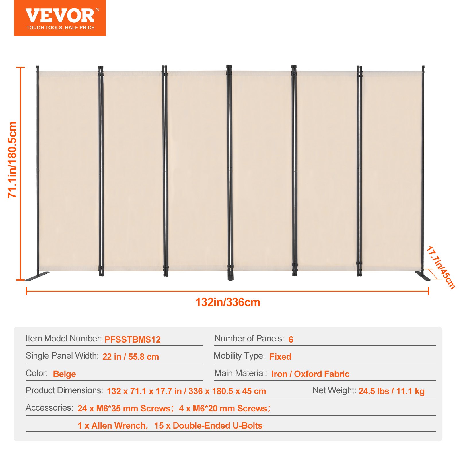VEVOR Room Divider 6 Panels, 3110 x 1805 x 450 mm, Foldable Privacy Screen & Portable Partition for Room Division, Freestanding Room Divider for Office, Bedroom, Study, Beige
